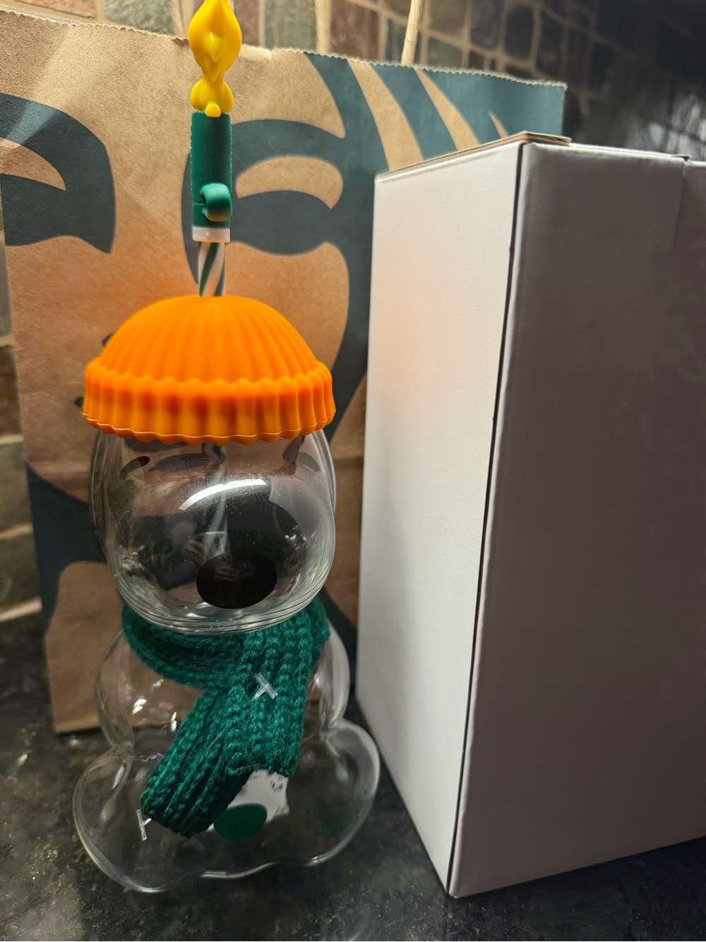 Orange and Green Snowman Glass Ornament by